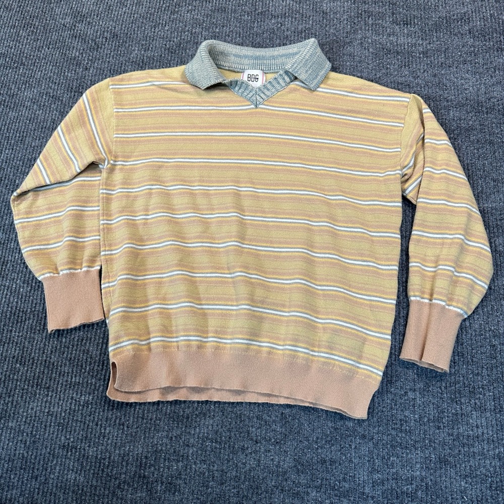 BDG Striped Polo Sweater Medium Yellow Multi Retro Knit Pullover